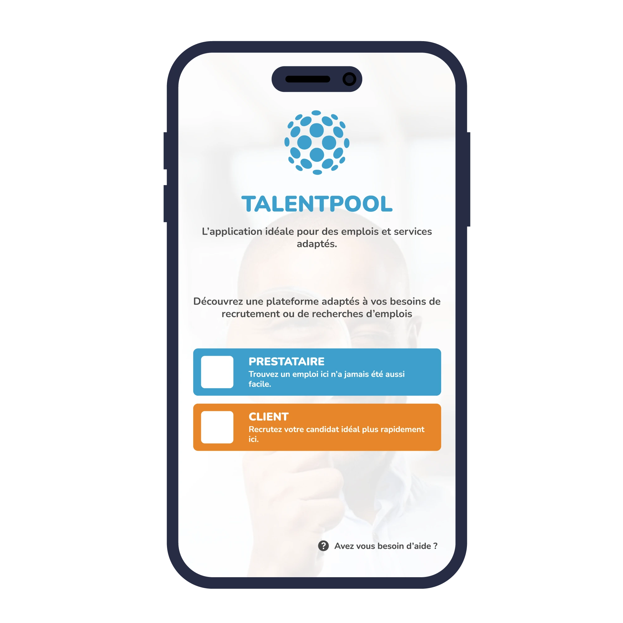 Mockup de l'application TalentPool pour trouver des services en Côte d'Ivoire